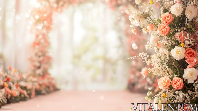Photorealistic floral aisle with soft-focus ceremonial archway.