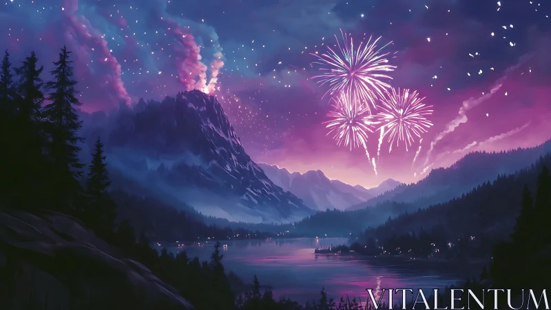 Mountain lake under fireworks and volcanic activity at dusk.