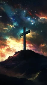 Stellar nebula sky over solitary cross on silhouetted hilltop.