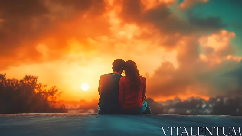 Two figures silhouetted against golden sunset on rooftop overlook.