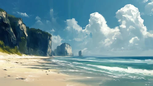 Monolithic Coastal Strata: Beach Landscape with Towering Cliff Formations