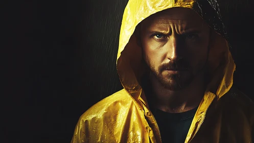 Man in yellow hooded raincoat under directional low-key light