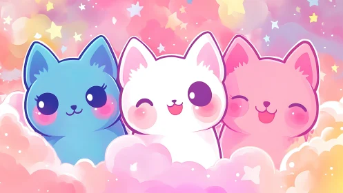 Three cute stylized cat characters with big eyes on soft clouds