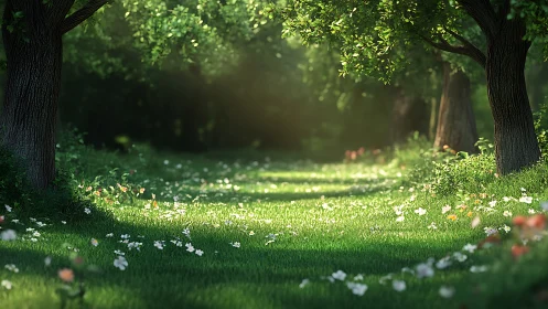 Sun-Dappled Forest Path Through Towering Oaks.