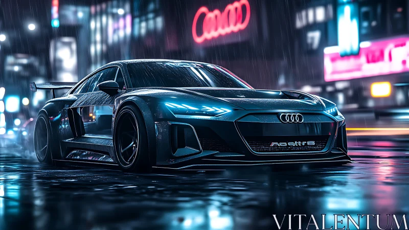 Midnight Audi supercar glides through neon city rain