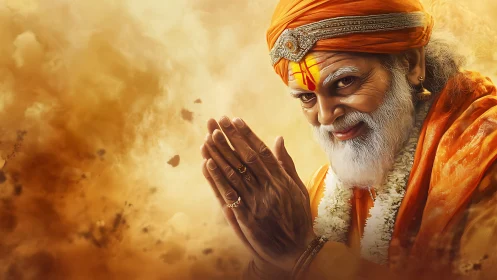 Elderly holy man in orange robes with folded hands portrait.