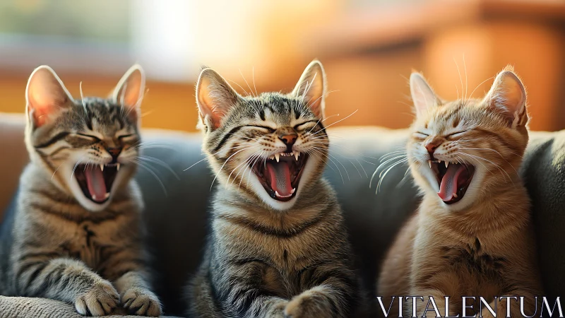 Three Cats Laughing Together on the Couch.