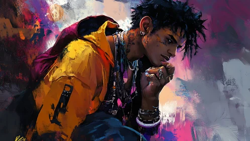 Digital portrait of seated man in colorful streetwear.