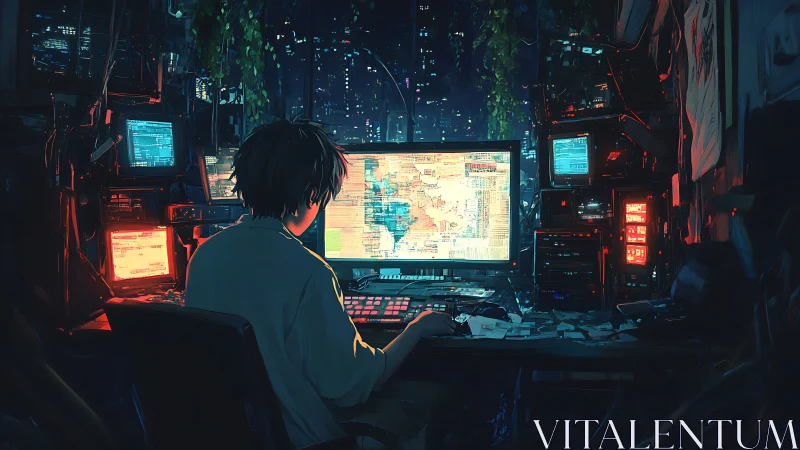 Cyberpunk workstation interior with neon-lit hacker rig.