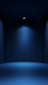 Minimalist blue corridor glows under a single ceiling light