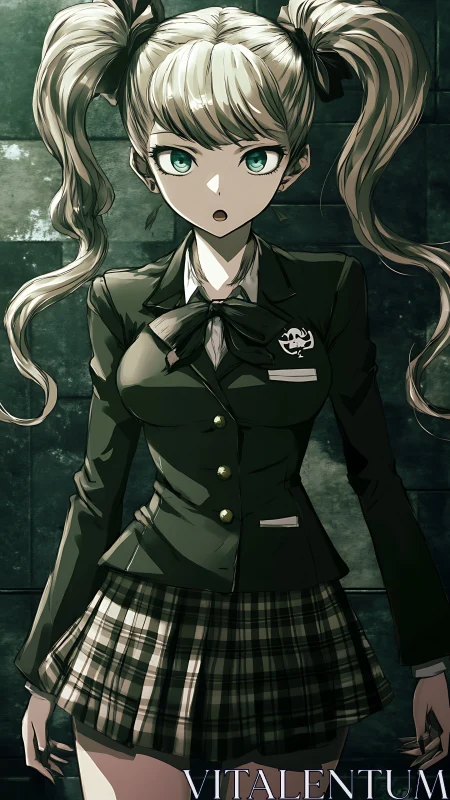 Anime schoolgirl stands tense in dim tiled corridor