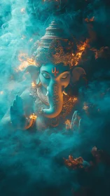 Gilded elephant deity rising through teal smoke and flame.