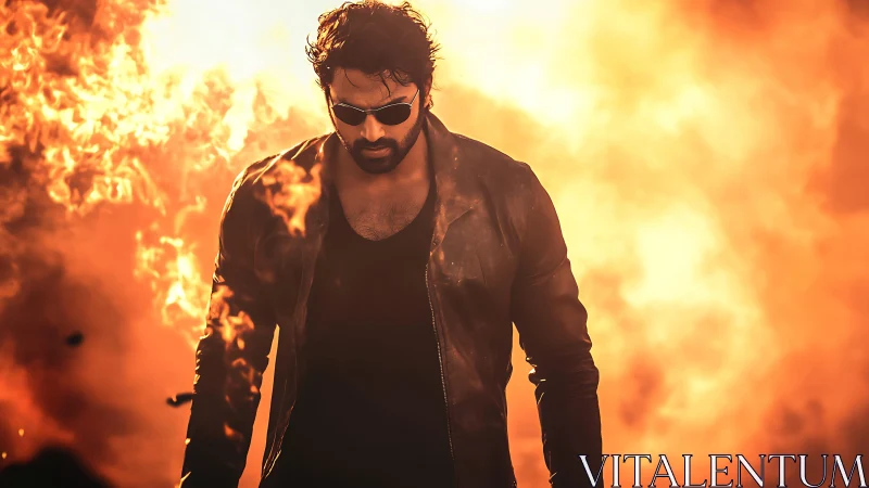 Photorealistic action portrait against explosive fireground.