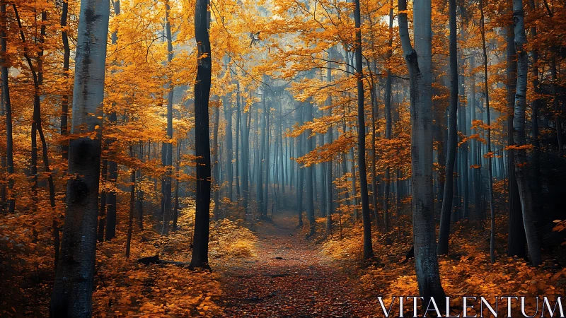 Forest pathway lined with tall trees displaying autumn foliage