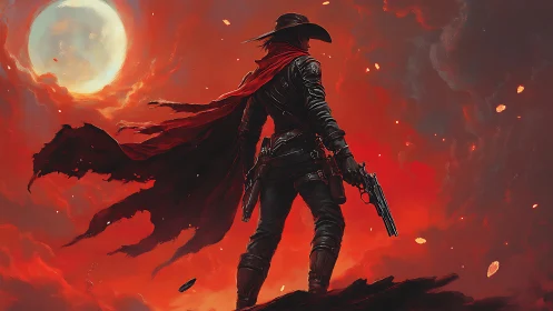 Scarlet gunslinger under blood moon on burning ridge.
