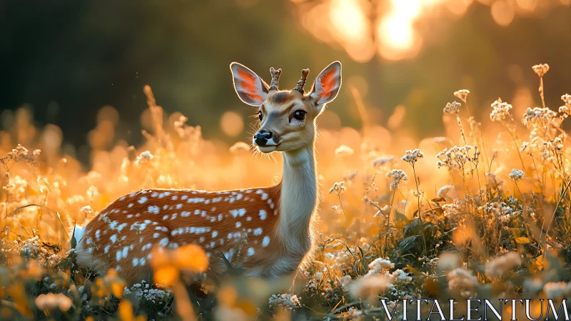 Golden meadow fawn rests softly in warm evening sunlight