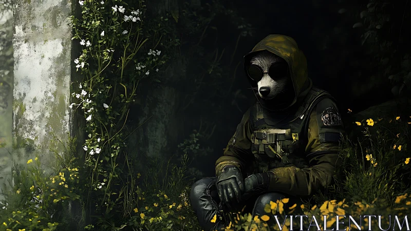 Hooded wasteland scout rests among overgrown wildflowers.