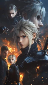 Clustered anime warriors before orange fire backdrop.