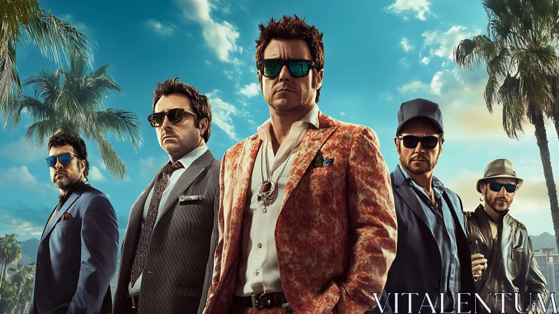 Stylish men in suits and sunglasses under palm trees.