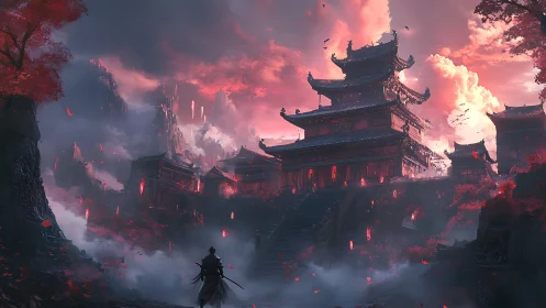 Crimson mountainside temple glowing in misty evening light.