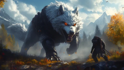 Armored giant wolf confronting lone figure in mountains.