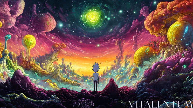 Chromatic alien valley under swirling portal vortex sky.