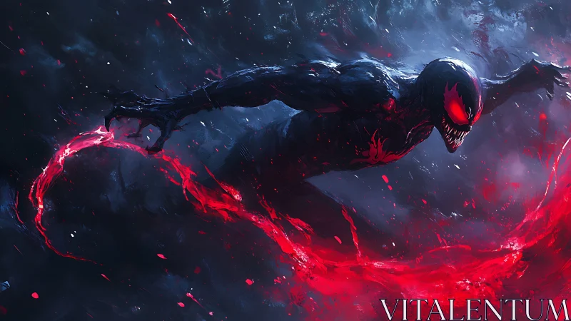 Symbiotic predator in high-velocity crimson energy vortex.