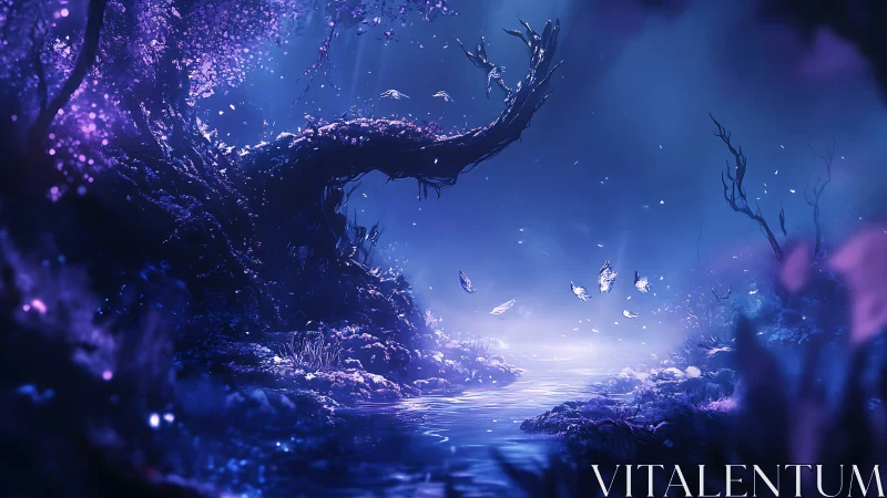 Mystical blue forest stream under glowing curved tree.