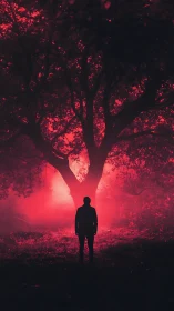 Silhouetted wanderer confronts a glowing red tree at night