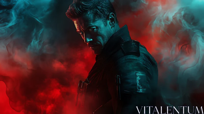 Cyber-noir soldier in red teal smoke with dramatic rim lighting