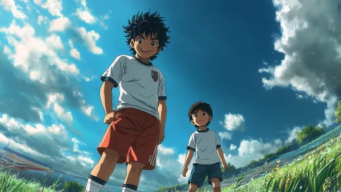 Youth soccer players under dynamic summer sky panorama.