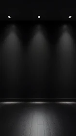 Recessed spotlights illuminate a matte black exhibition wall