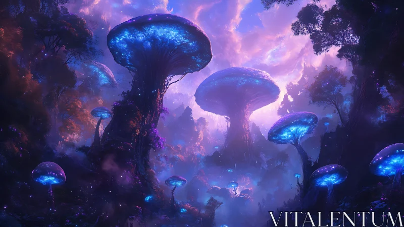 Glowing mushroom forest welcomes viewers into soft neon dusk