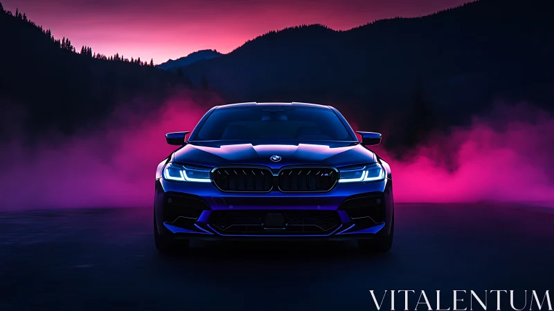 Sport sedan cuts through neon mist at twilight in mountains.