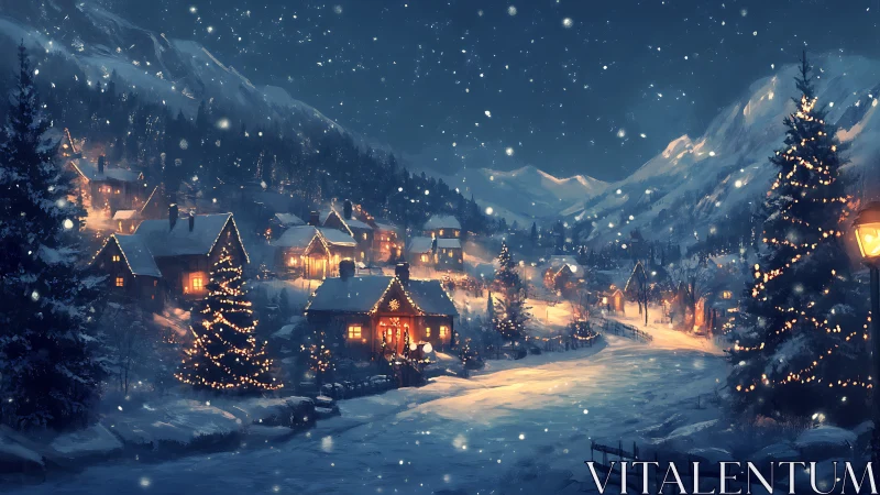 Snowy mountain village glows with winter holiday lights