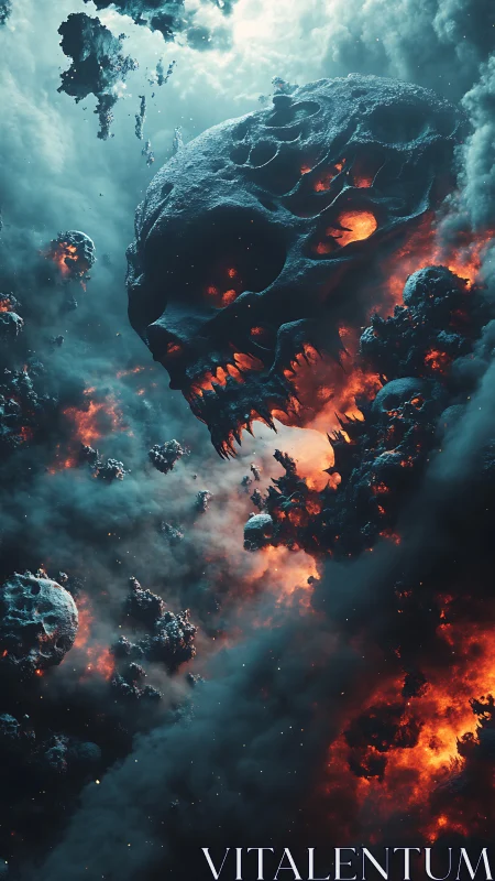 Skull-shaped cosmic storm drifting through burning nebula.