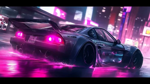 Cyberpunk drift coupe in neon-soaked nocturnal streetscape.
