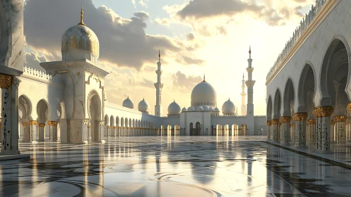 Marble courtyard with domes and minarets at low sunlight.