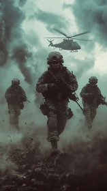Combat soldiers advancing under smoke with low helicopter support.