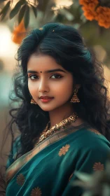 Digital painting portrait with teal sari and floral bokeh depth.