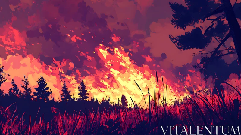 Wildfire Landscape at Dusk With Silhouetted Forest and Dramatic Sky