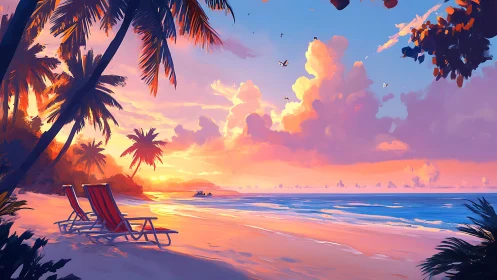 Sunset-lit tropical beach with palm trees and empty chairs