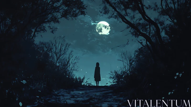 Quiet moonlit path with a lone dreamer beneath the trees.