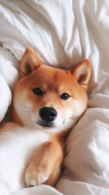Cozy shiba inu snuggles into soft white blankets and relaxes