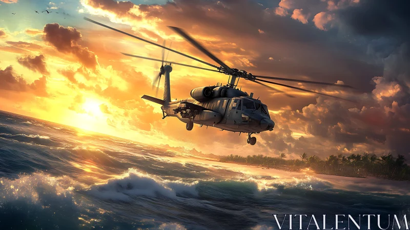 Naval utility helicopter over turbulent tropical surf at sunset.