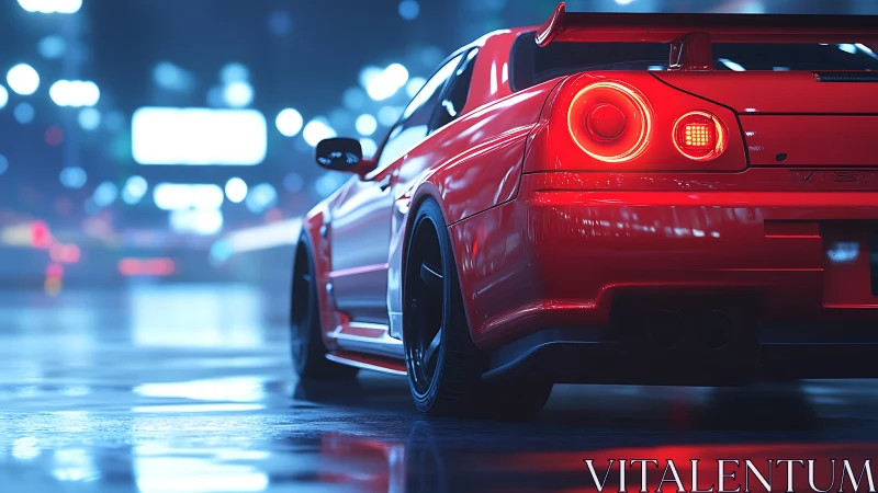 Rear-quarter neon-lit street racer under wet urban bokeh.