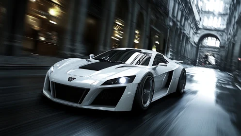 White supercar accelerates through wet city street