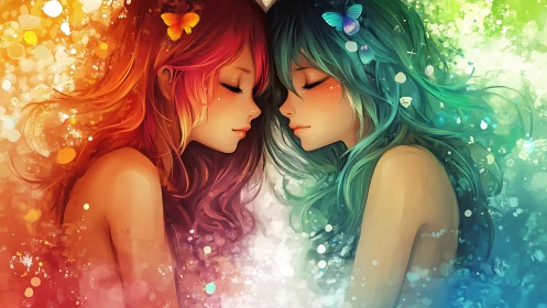Dual Female Figures with Warm-Cool Chromatic Contrast and Ethereal Bokeh.