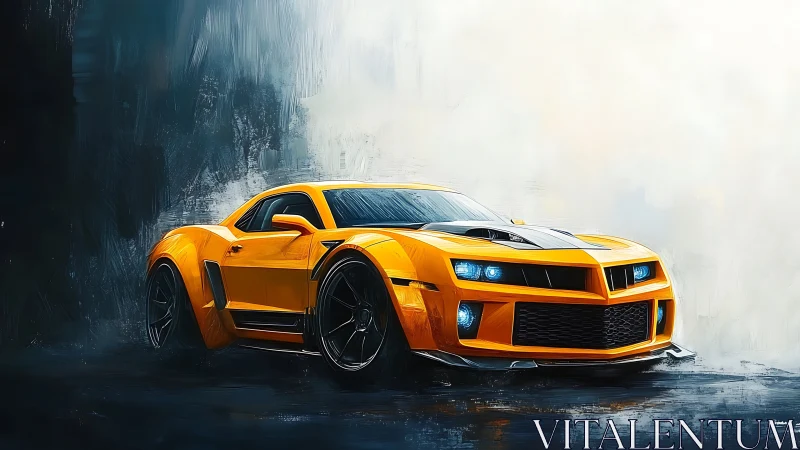 Yellow muscle car artwork on dark abstract background.