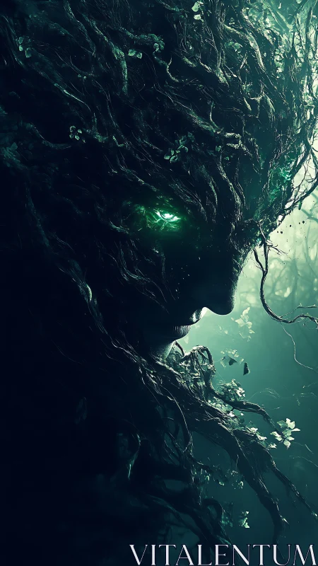 Forest wraith profile with glowing emerald eyes in shadow.